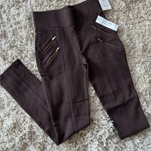 Brown High-Waisted Leggings with Gold Zippers